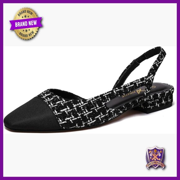 Shoes - Slingback Flats with Pointed Toe, Low Heel, Leather Upper, Rubber Sole